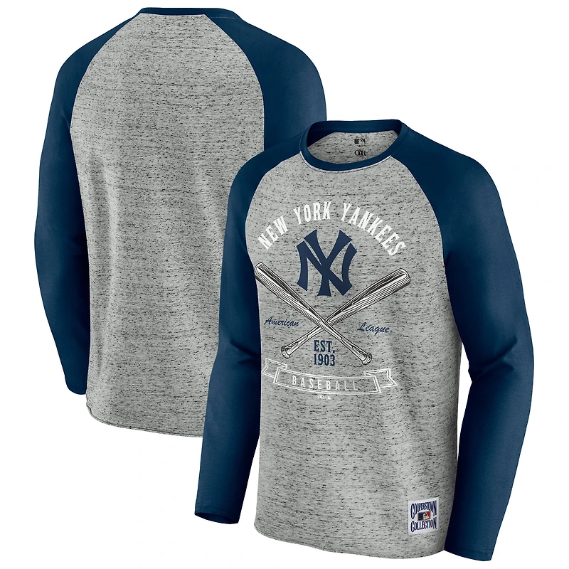 Men's Darius Rucker Collection by Fanatics  Heather Gray New York Yankees Raw Edge Raglan Long Sleeve Baseball T-Shirt