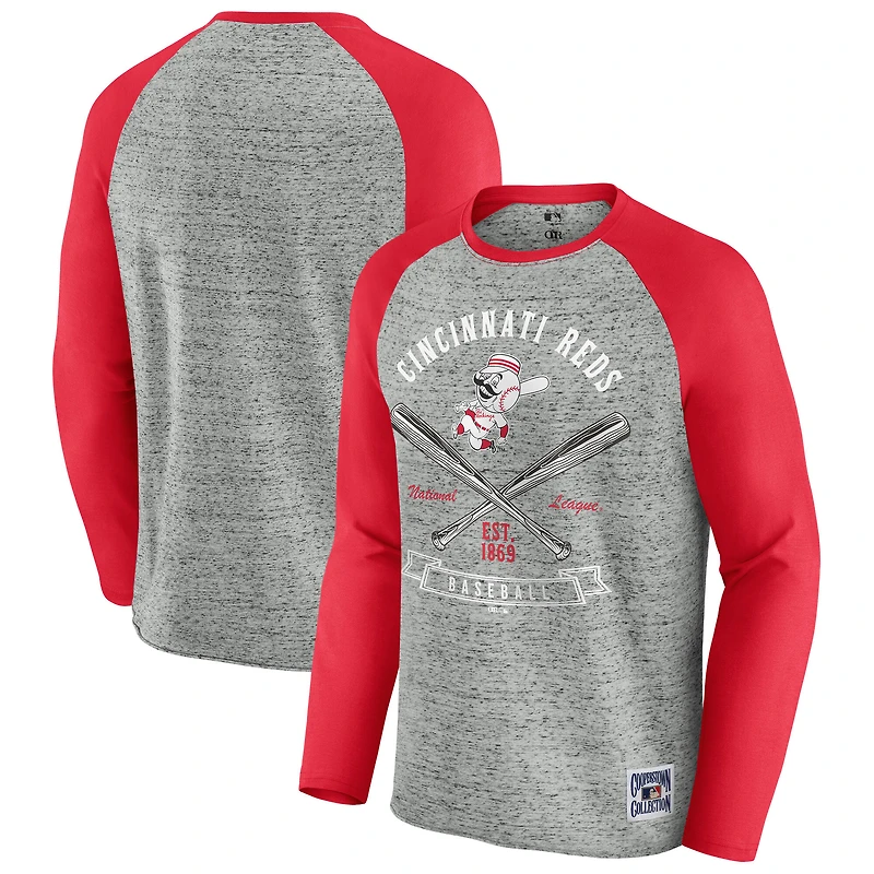 Men's Darius Rucker Collection by Fanatics Heather Gray Cincinnati Reds Raw Edge Raglan Long Sleeve Baseball T-Shirt