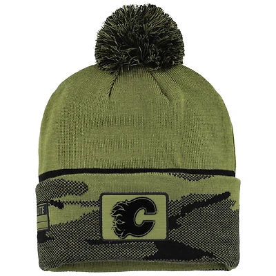 Men's Fanatics Olive Calgary Flames Military Appreciation Cuffed Knit Hat with Pom