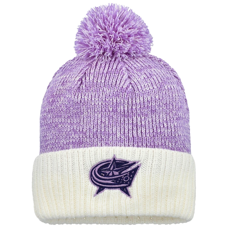 Men's Fanatics Lavender/White Columbus Blue Jackets Hockey Fights Cancer Cuffed Knit Hat with Pom