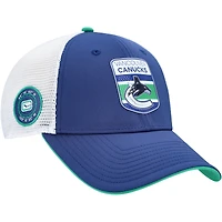 Men's Fanatics Blue/White Vancouver Canucks Authentic Pro Draft Podium Trucker Adjustable Hat