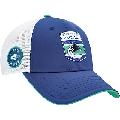 Men's Fanatics Blue/White Vancouver Canucks Authentic Pro Draft Podium Trucker Adjustable Hat
