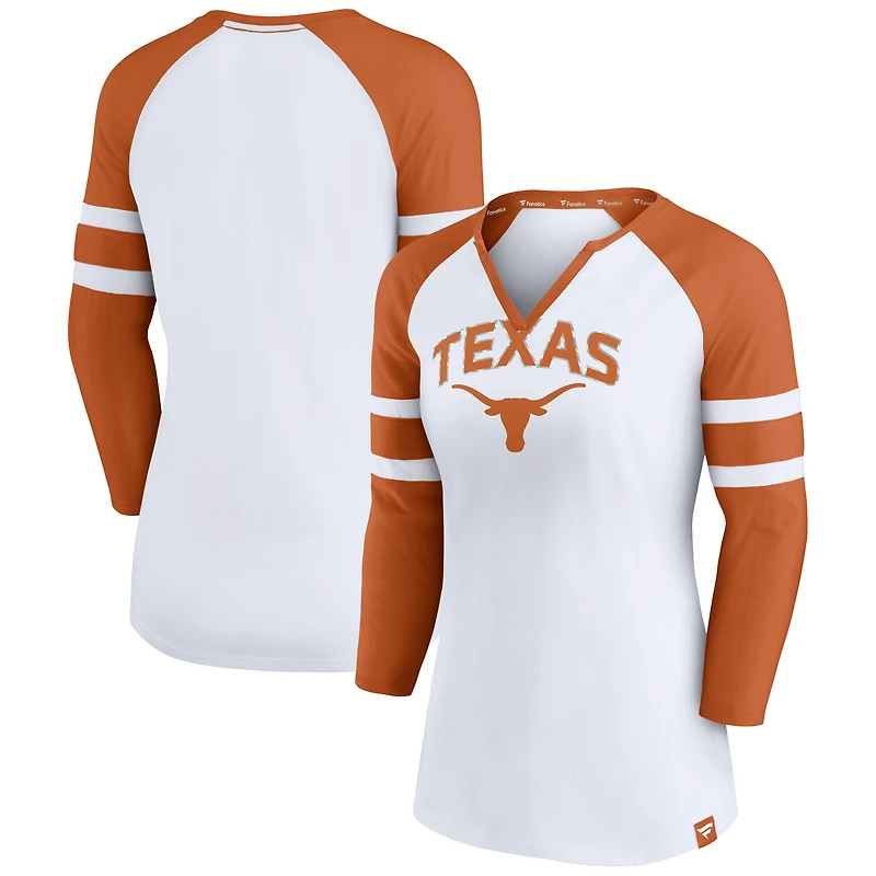 Women's Fanatics White Texas Longhorns Block Party Notch Neck Raglan 3/4 Sleeve Top