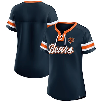 Women's Fanatics  Navy Chicago Bears True Catch Iconic Rhinestone Bling Athena Lace-Up T-Shirt