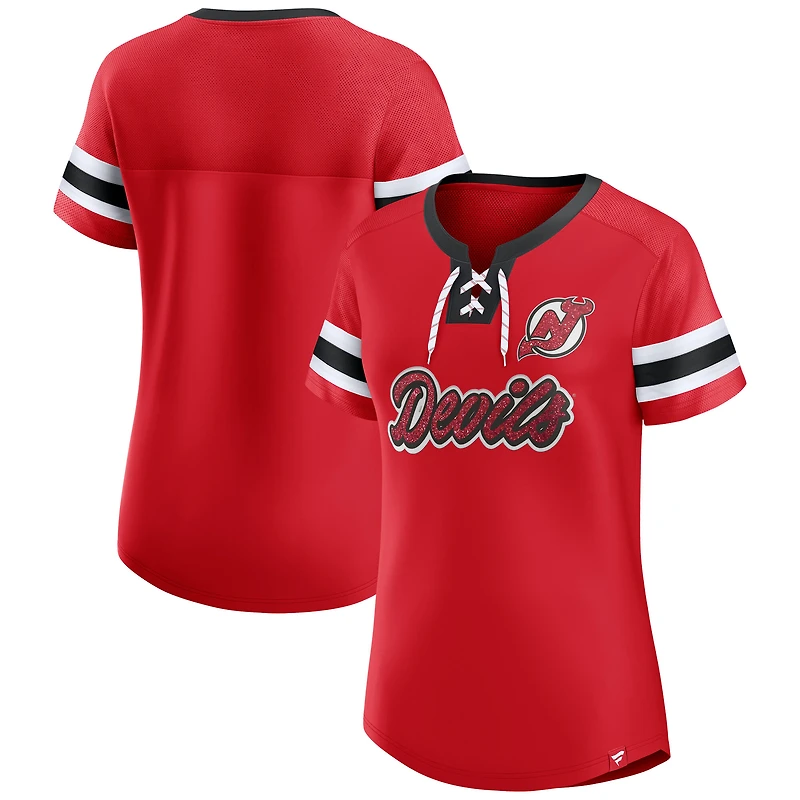 Women's Fanatics Red New Jersey Devils Iconic Athena Lace-Up T-Shirt