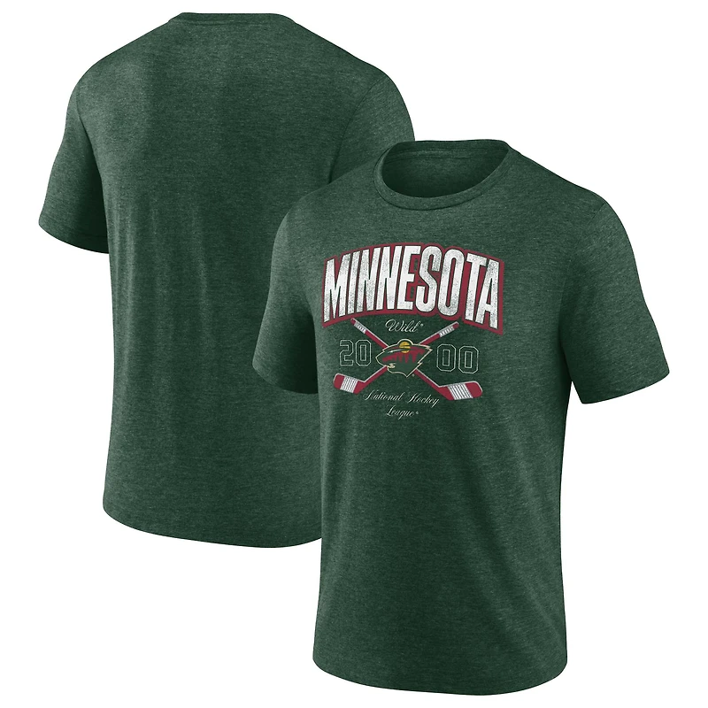 Men's Fanatics Heather Green Minnesota Wild Cross Sticks Tri-Blend T-Shirt