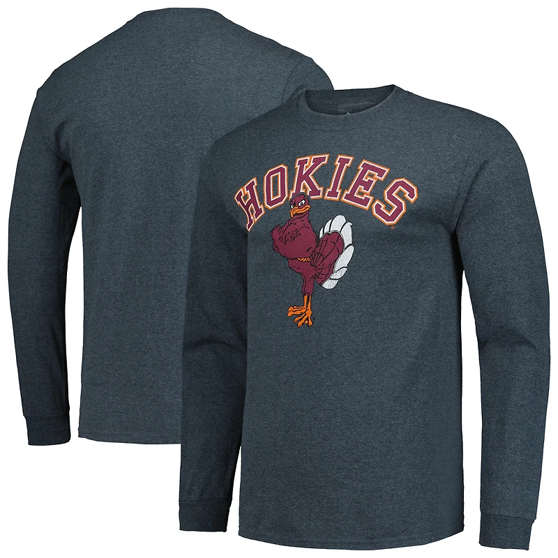 Men's Heather Charcoal Virginia Tech Hokies Basic Arch Mascot Logo Long Sleeve T-Shirt