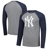 Men's Fanatics Heather Gray/Heather Navy New York Yankees Weathered Logo Tri-Blend Raglan Long Sleeve T-Shirt
