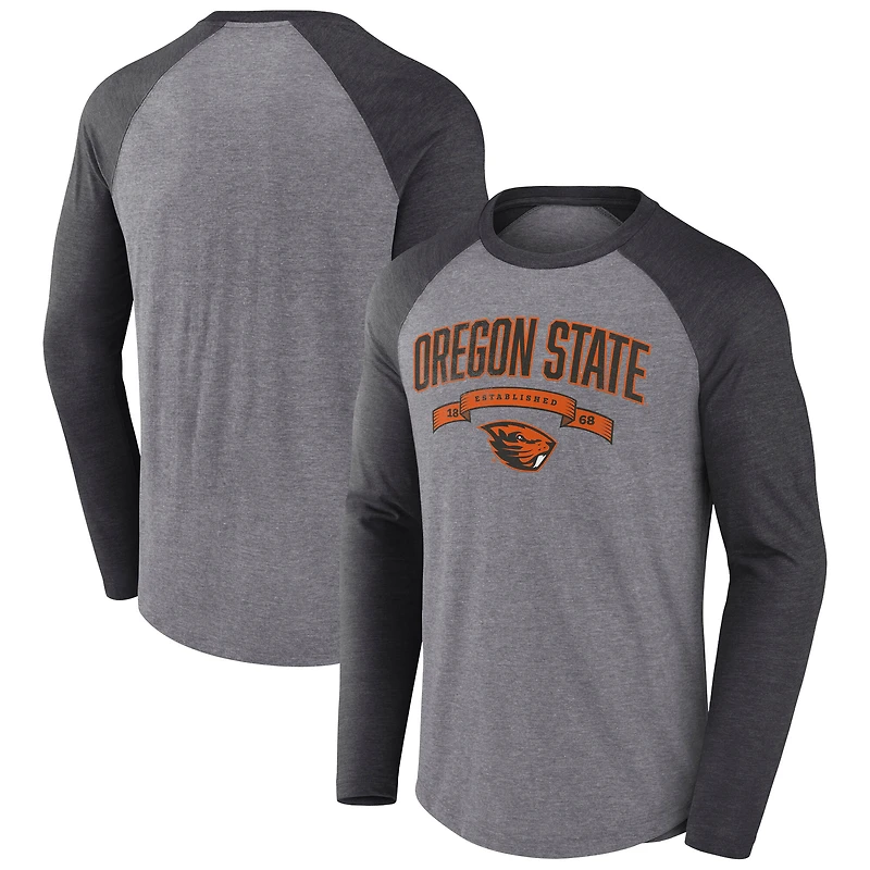 Men's Fanatics Heather Gray/Heather Charcoal Oregon State Beavers Heritage Banner Year Tri-Blend Long Sleeve T-Shirt