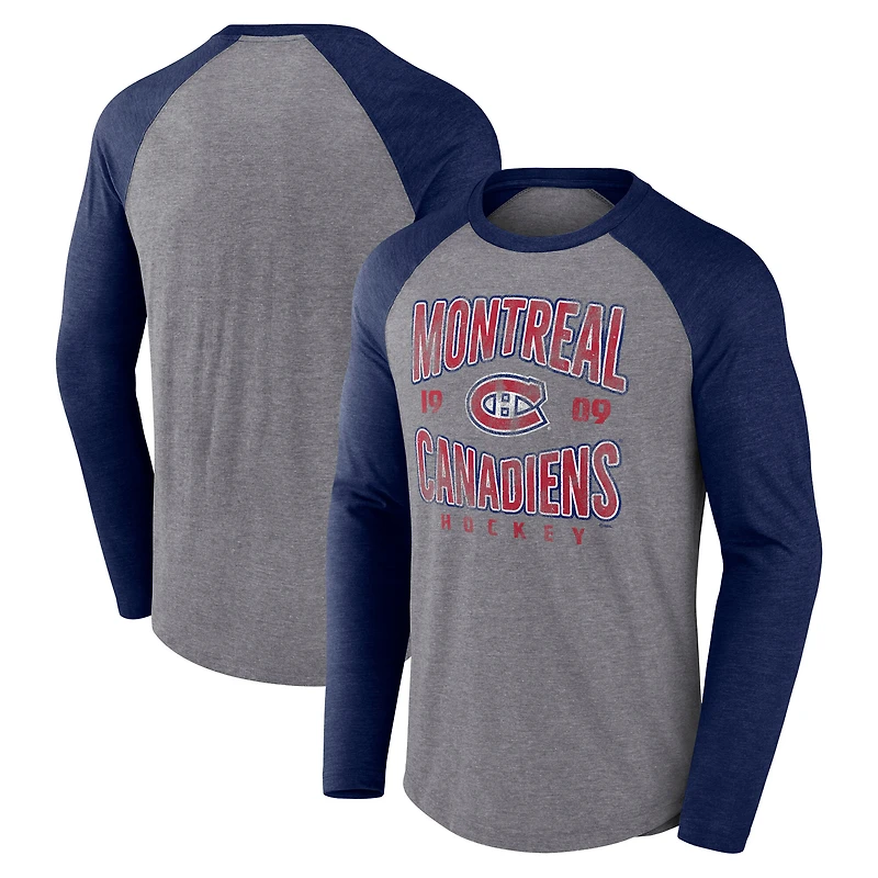 Men's Fanatics  Heather Gray Montreal Canadiens Wave Off Tri-Blend Raglan Long Sleeve T-Shirt