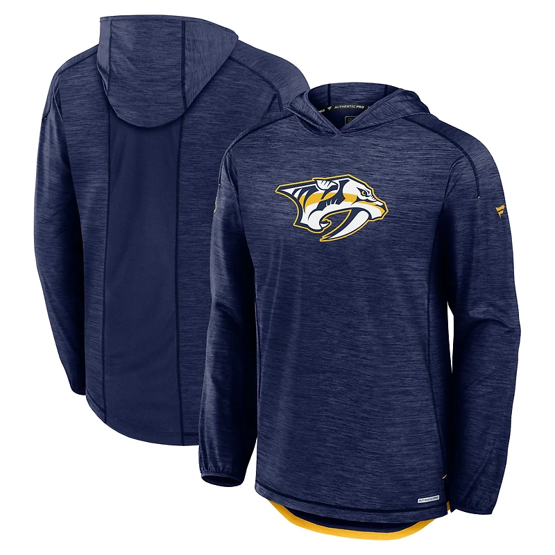 Men's Fanatics Heather Navy Nashville Predators Authentic Pro Rink Pullover Hoodie