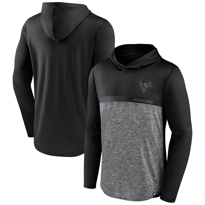 Men's Fanatics Black/Heather Charcoal Pittsburgh Penguins Iconic Defender Pullover Hoodie