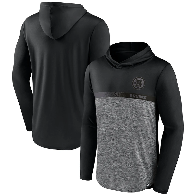 Men's Fanatics Black/Heather Charcoal Boston Bruins Iconic Defender Pullover Hoodie