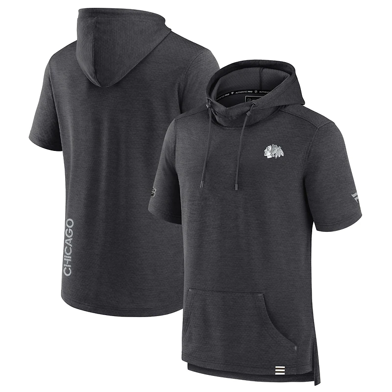 Men's Fanatics  Heather Charcoal Chicago Blackhawks Authentic Pro Short Sleeve Pullover Hoodie