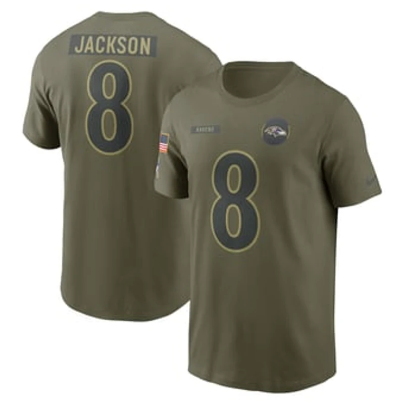 Men's Nike Lamar Jackson Olive Baltimore Ravens 2025 Salute to Service Name & Number T-Shirt