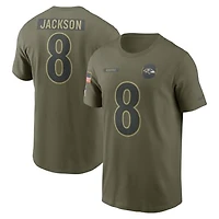 Men's Nike Lamar Jackson Olive Baltimore Ravens 2025 Salute to Service Name & Number T-Shirt