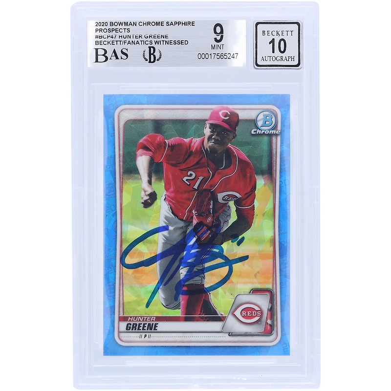 Hunter Greene Cincinnati Reds Autographed 2020 Bowman Chrome Sapphire Prospects #BCP47 Beckett Fanatics Witnessed Authenticated /10 Card