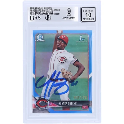 Hunter Greene Cincinnati Reds Autographed 2018 Bowman Chrome Prospects Blue Refractor #BCP48 #/150 Beckett Fanatics Witnessed Authenticated 9/10 Rookie Card