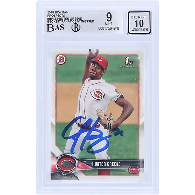Hunter Greene Cincinnati Reds Autographed 2018 Bowman Prospects #BP48 Beckett Fanatics Witnessed Authenticated 9/10 Rookie Card