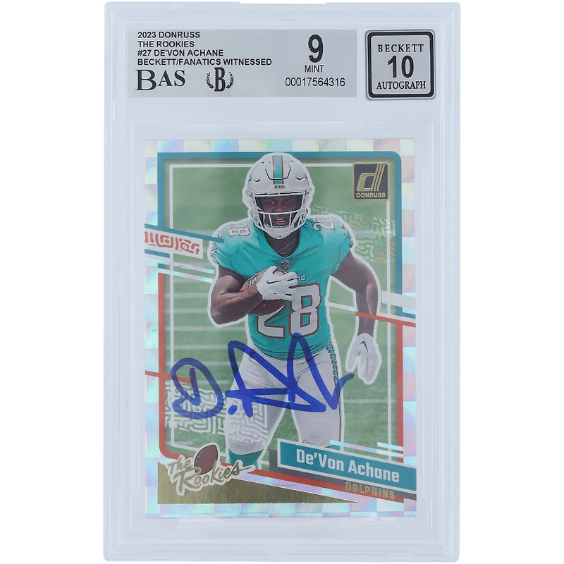 De'Von Achane Miami Dolphins Autographed 2023 Panini Donruss The Rookies #27 Beckett Fanatics Witnessed Authenticated /10 Rookie Card