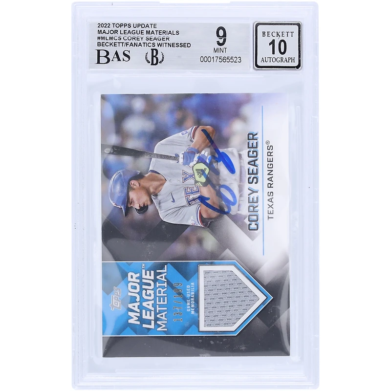 Corey Seager Texas Rangers Autographed 2022 Topps Update Major League Materials Relic #MLM-CS #/199 Beckett Fanatics Witnessed Authenticated 9/10 Card