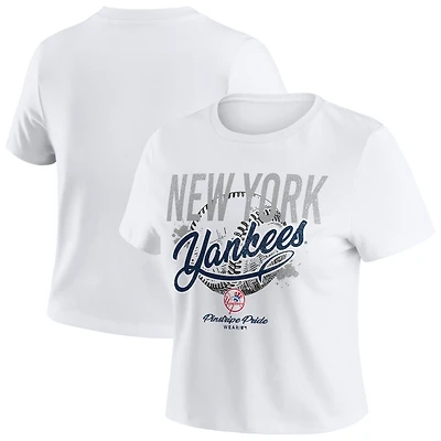 Women's WEAR by Erin Andrews White New York Yankees Distressed Cropped Baby T-Shirt