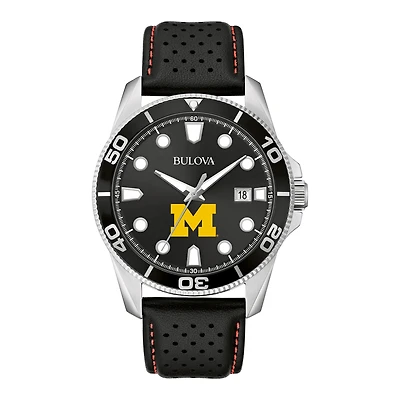 Men's Bulova Black Michigan Wolverines Corporate Collection Leather Strap Watch