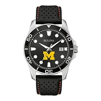 Men's Bulova Black Michigan Wolverines Corporate Collection Leather Strap Watch