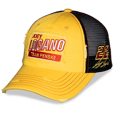 Unisex Checkered Flag Sports Yellow Joey Logano  Vintage Patch Trucker Adjustable Hat