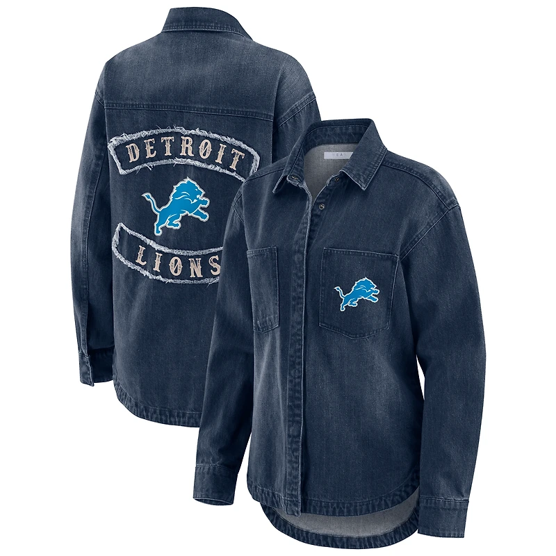 Women's WEAR by Erin Andrews Denim Detroit Lions Washed Oversized Denim Full-Snap Shacket