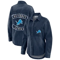 Women's WEAR by Erin Andrews Denim Detroit Lions Washed Oversized Denim Full-Snap Shacket