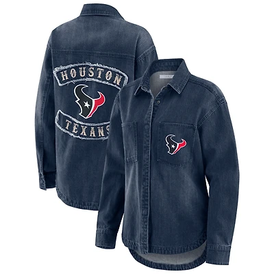 Women's WEAR by Erin Andrews Denim Houston Texans Washed Oversized Full-Snap Shacket