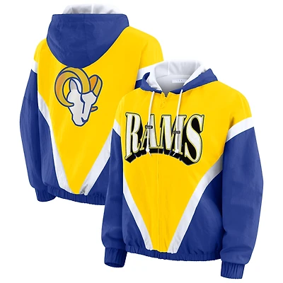 Women's WEAR by Erin Andrews Gold/Royal Los Angeles Rams Retro Crinkle Full-Zip Hoodie Windbreaker