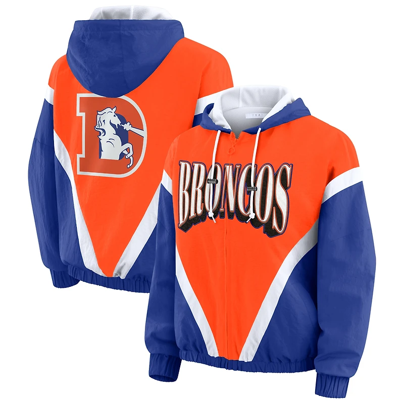 Women's WEAR by Erin Andrews Orange/Royal Denver Broncos Retro Crinkle Full-Zip Hoodie Windbreaker