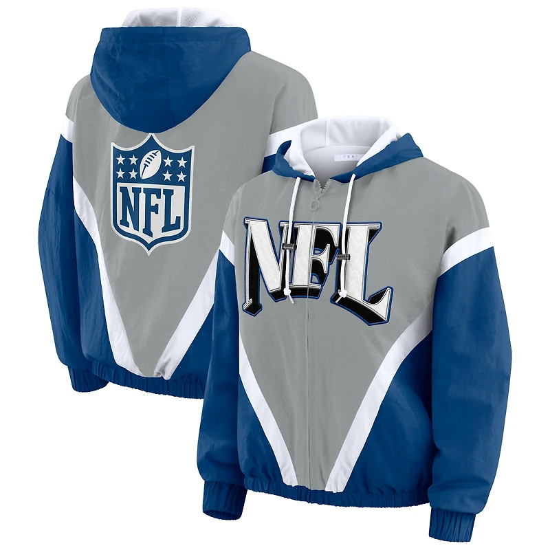 Women's WEAR by Erin Andrews Silver/Blue Shield Merchandise Retro Crinkle Full-Zip Hoodie Windbreaker