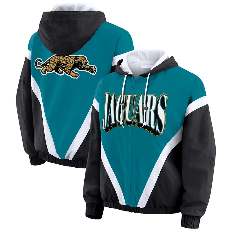 Women's WEAR by Erin Andrews Teal/Black Jacksonville Jaguars Retro Crinkle Full-Zip Hoodie Windbreaker