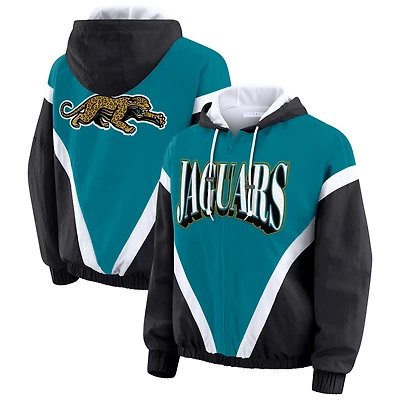 Women's WEAR by Erin Andrews Teal/Black Jacksonville Jaguars Retro Crinkle Full-Zip Hoodie Windbreaker