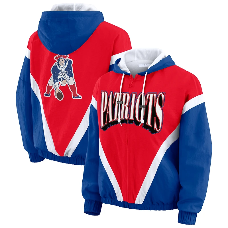 Women's WEAR by Erin Andrews Red/Navy New England Patriots Retro Crinkle Full-Zip Hoodie Windbreaker