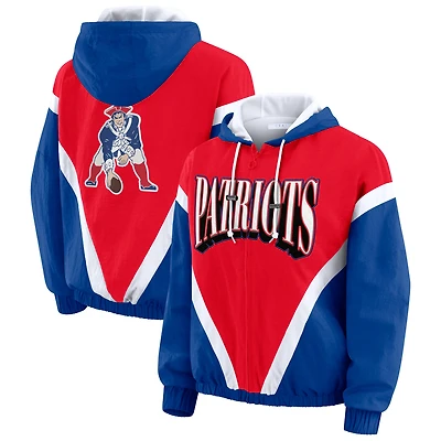 Women's WEAR by Erin Andrews Red/Navy New England Patriots Retro Crinkle Full-Zip Hoodie Windbreaker