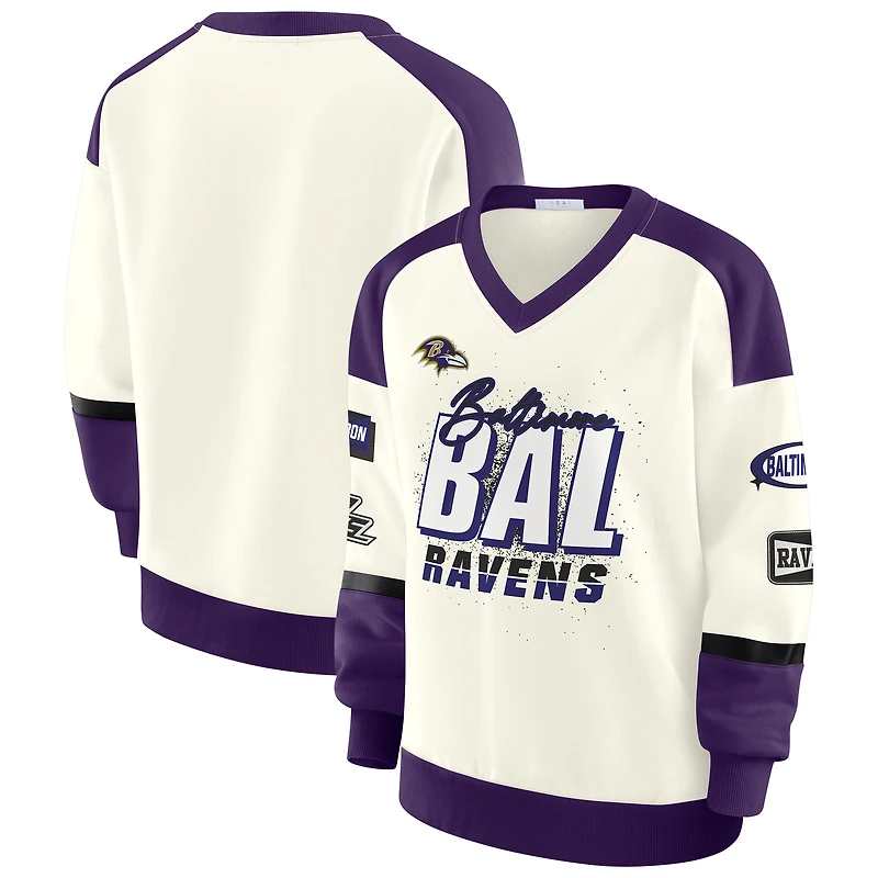 Women's WEAR by Erin Andrews  Cream Baltimore Ravens Racing Crew V-Neck Sweatshirt