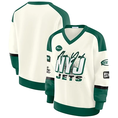 Women's WEAR by Erin Andrews  Cream New York Jets Racing Crew V-Neck Sweatshirt
