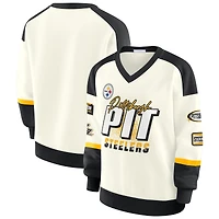 Women's WEAR by Erin Andrews  Cream Pittsburgh Steelers Racing Crew V-Neck Sweatshirt