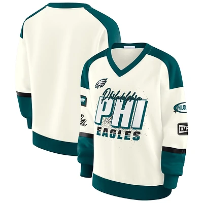 Women's WEAR by Erin Andrews  Cream Philadelphia Eagles Racing Crew V-Neck Sweatshirt