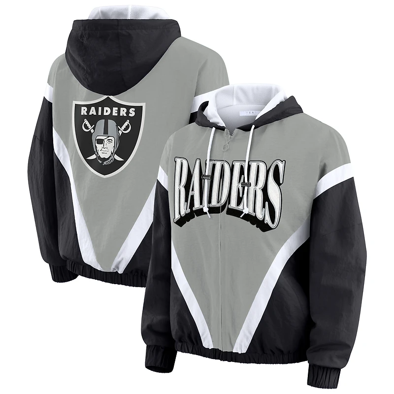 Women's WEAR by Erin Andrews Black/Gray Las Vegas Raiders Plus Retro Crinkle Full-Zip Windbreaker Jacket