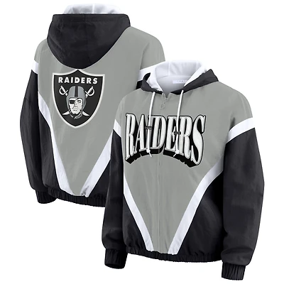 Women's WEAR by Erin Andrews Black/Gray Las Vegas Raiders Plus Retro Crinkle Full-Zip Windbreaker Jacket