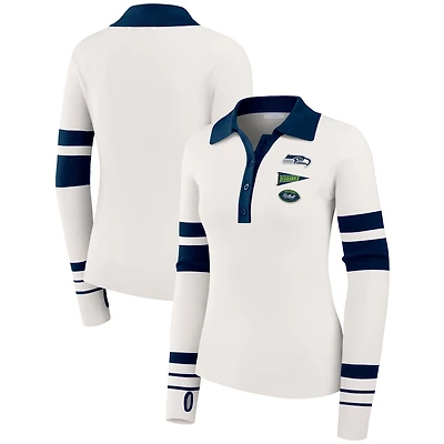 Women's WEAR by Erin Andrews White Seattle Seahawks Ribbed Henley Polo Sweater