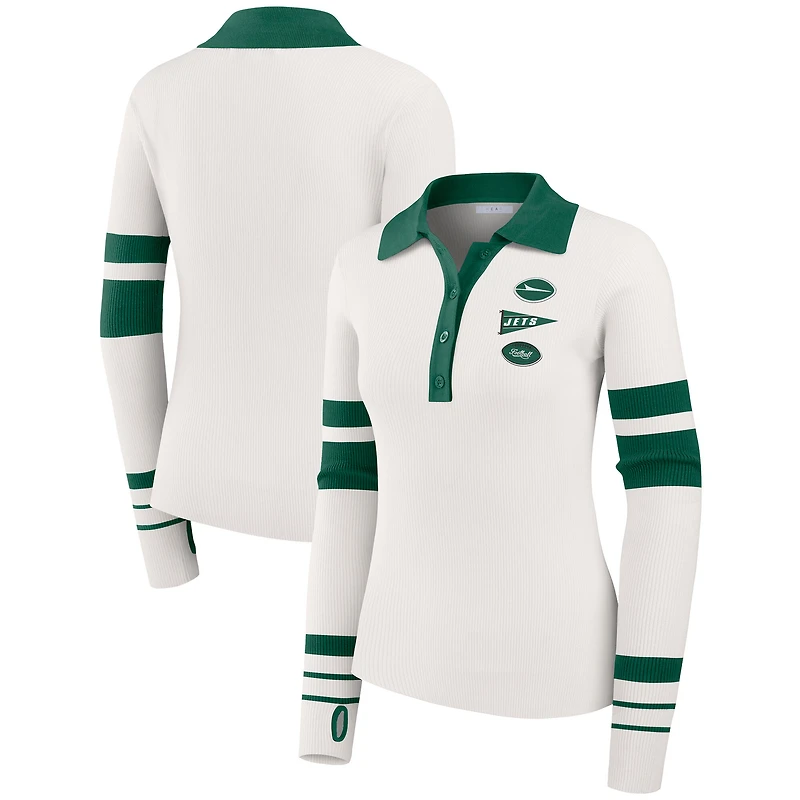 Women's WEAR by Erin Andrews White New York Jets Ribbed Henley Polo Sweater