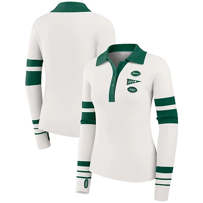 Women's WEAR by Erin Andrews White New York Jets Ribbed Henley Polo Sweater
