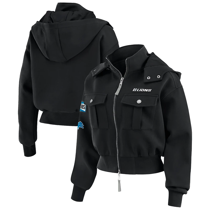 Women's WEAR by Erin Andrews  Black Detroit Lions Patch Pocket Bomber Jacket