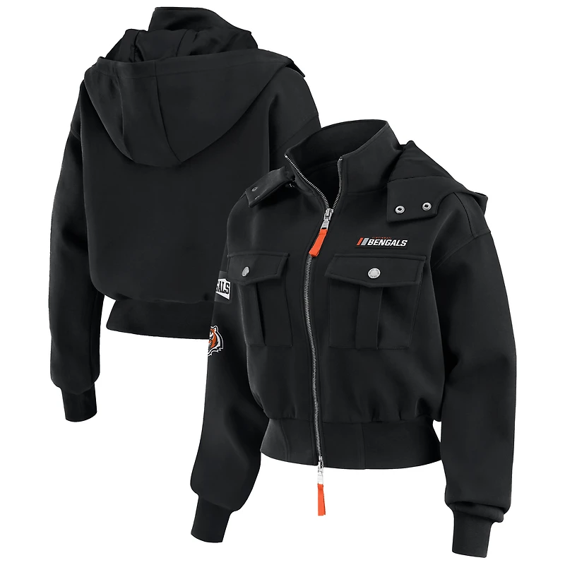 Women's WEAR by Erin Andrews Black Cincinnati Bengals Patch Pocket Bomber Jacket